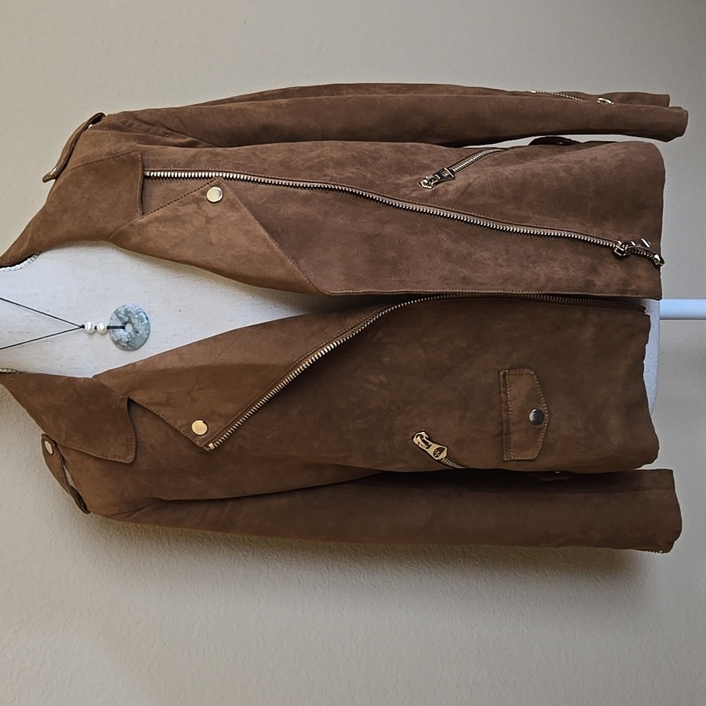 H&M Faux Suede Versatile Moto-Style Jacket with Gold-Brass Hardware EUC - 8 - Picture 2 of 11